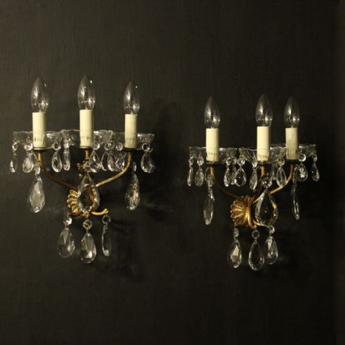 French Pair of Gilded & Crystal Wall Lights