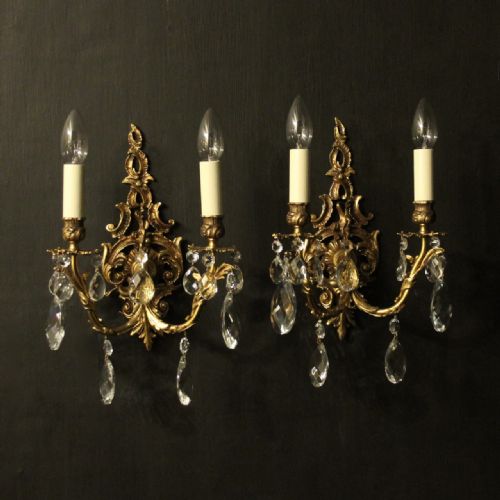 French Pair of Gilded & Crystal Wall Lights