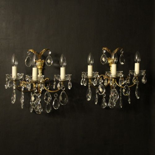 French Pair of Gilt & Crystal Antique Wall Lights