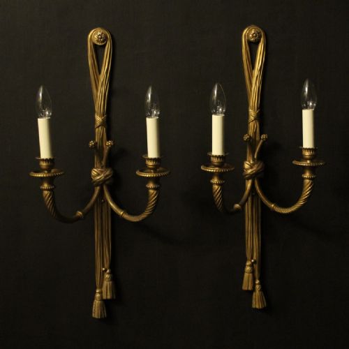 French Pair of Gilded Bronze Rope Antique Wall Lights