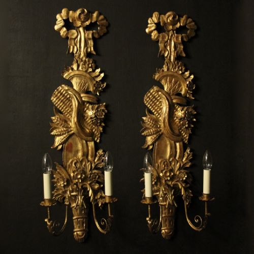 French Large Pair of Giltwood Leaf Twin Arm Wall Lights