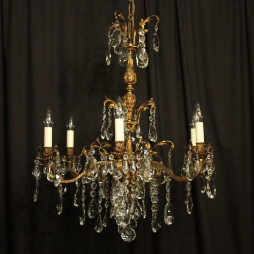 Italian Gilded Bronze & Crystal 6 Light Antique Chandelier