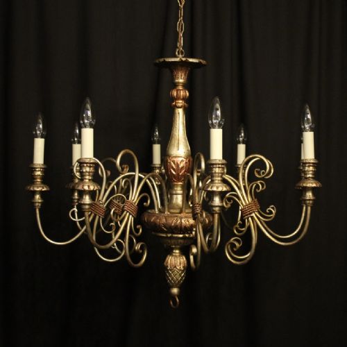 Italian Florentine 6 Light Silver Wooden & Polychrome Chandelier