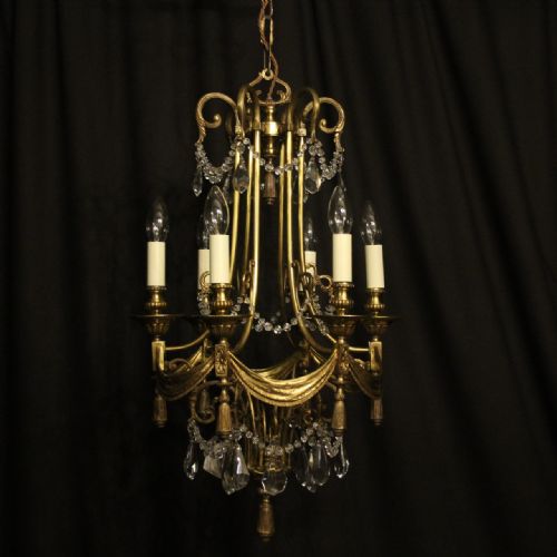 French Gilded Bronze & Crystal 6 Light Antique Chandelier