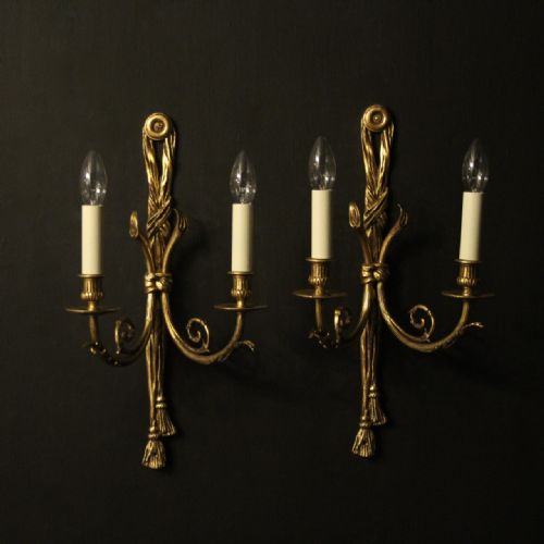French Pair of Gilded Bronze Rope Antique Wall Lights