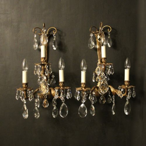 French Pair of Gilded Bronze & Crystal Antique Wall Lights