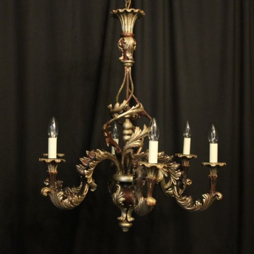 Italian Florentine 6 Light Silver Giltwood Chandelier
