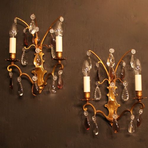 French Pair of Gilded & Crystal Twin Arm Antique Wall Lights