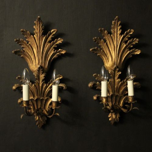 Italian Pair of Giltwood Leaf Twin Arm Wall Lights