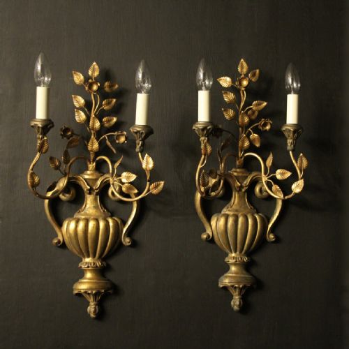 Italian Pair of Giltwood Twin Arm Wall Lights
