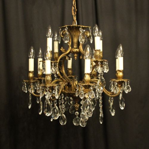 Italian Gilded Bronze & Crystal 12 Light Antique Chandelier