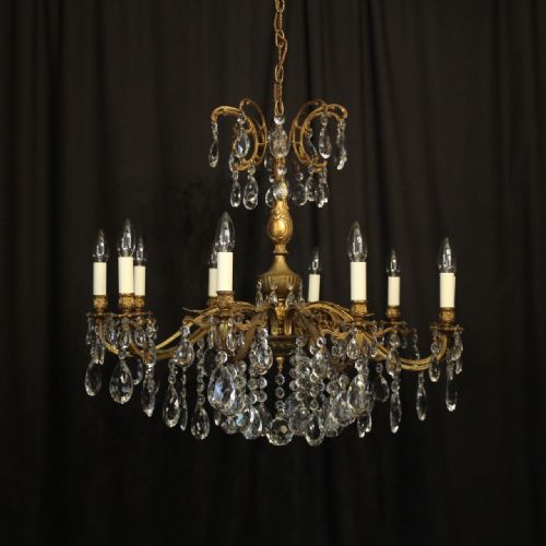 Italian Gilded Bronze & Crystal 10 Light Antique Chandelier