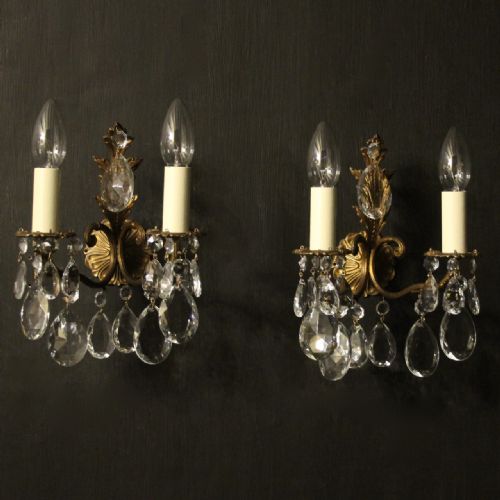 Italian Pair of Gilded & Crystal Wall Lights