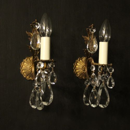 Italian Pair of Gilded & Crystal Wall Lights