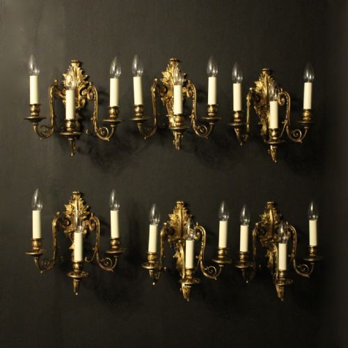 French 19th Century Set of 6 Bronze Triple Arm Wall Lights