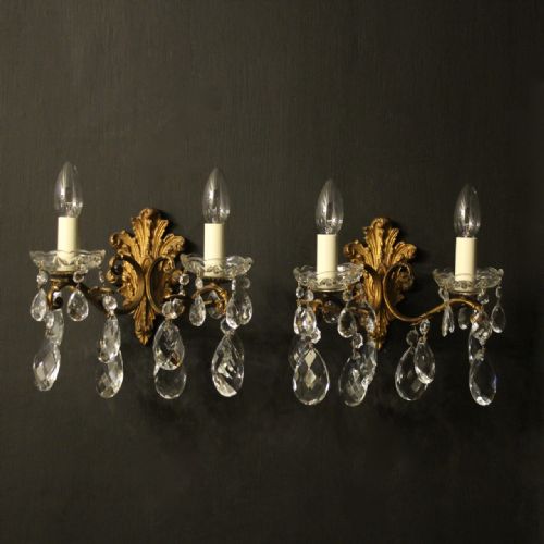 Italian Gilded & Crystal Twin Arm Antique Wall Lights