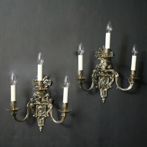 French Pair of Triple Arm Antique Wall Sconces