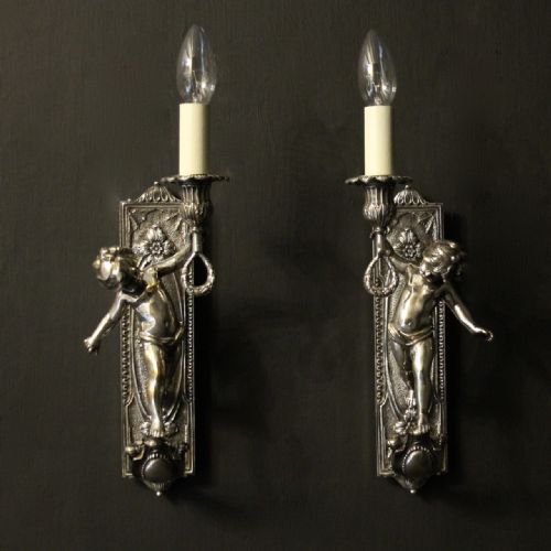 French Pair of Silver Cherubs Antique Wall Lights