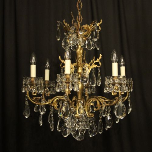 Italian Gilded Bronze & Crystal 6 Light Antique Chandelier