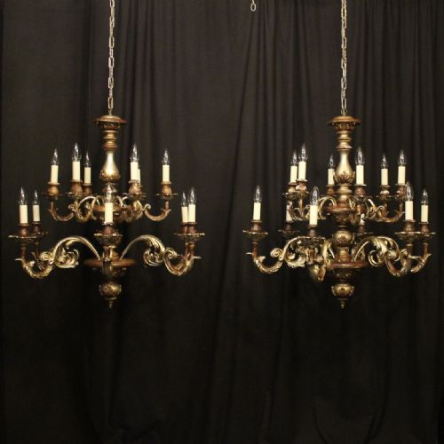 Florentine Polychrome Pair of 12 Light Double Tiered Chandeliers