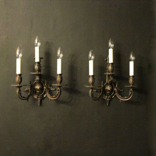 French Pair of Bronze Cherub Antique Wall Sconces