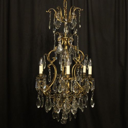 French Gilded Bronze & Crystal 7 Light Birdcage Antique Chandelier