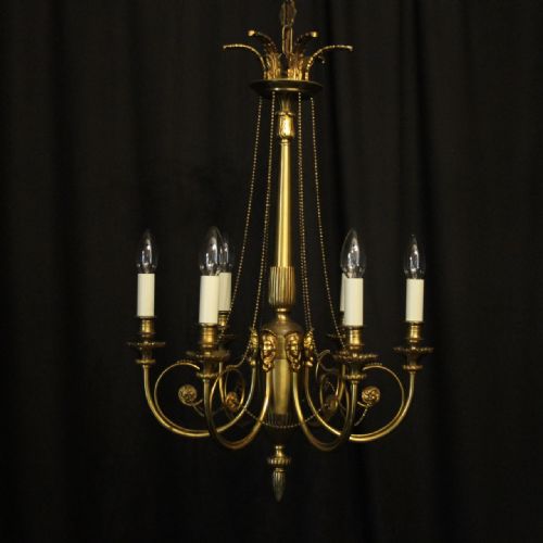 French Gilded Female Mask 6 Light Antique Chandelier
