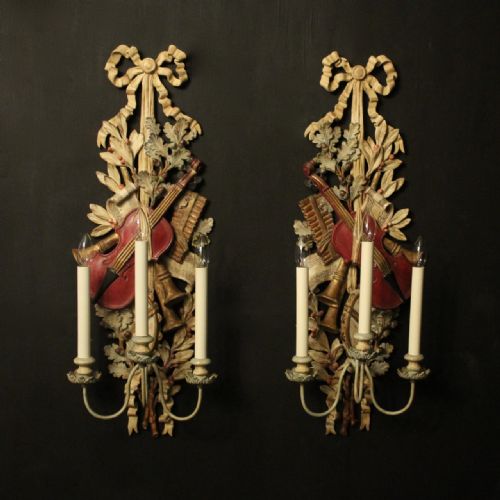 Italian Large Pair of Polychrome Triple Arm Wall Lights