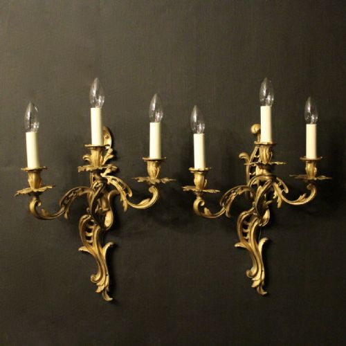 French Pair of Gilded Triple Arm Antique Wall Lights