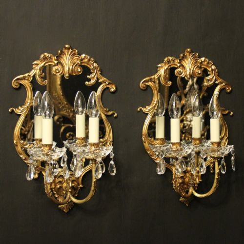 Italian Pair of Bronze & Crystal Antique Girandoles