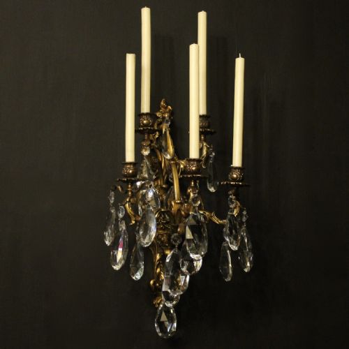French Gilded Bronze & Crystal Antique Wall Sconce