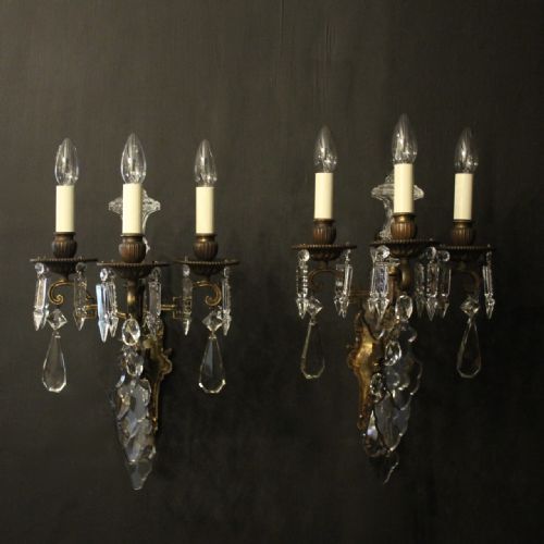 French Pair of Gilded Bronze & Crystal Triple Arm Wall Lights