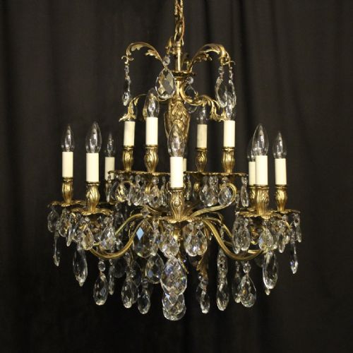 Italian 12 Light Gilded Bronze & Crystal Antique Chandelier