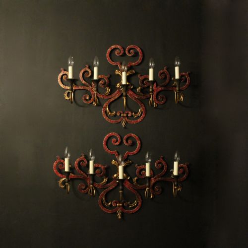 Italian Pair of Toleware 5 Arm Wall Lights
