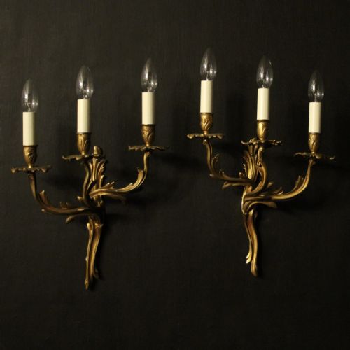 French Pair of Gilded Triple Arm Wall Lights