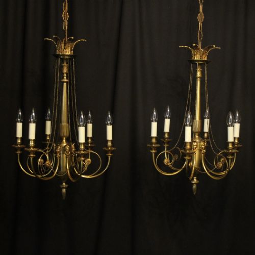 French Gilded Pair 6 Light Antique Chandeliers