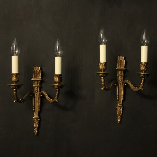 French Pair of Gilded Bronze Twin Arm Antique Wall Lights
