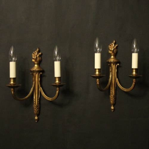 French Pair Gilded Brass Twin Arm Antique Wall Lights