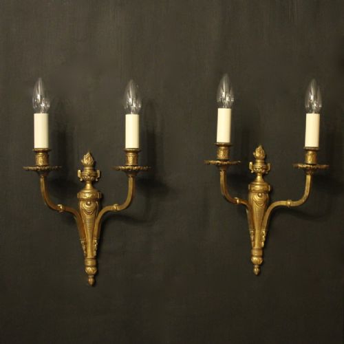 French Pair of Twin Arm Gilded Brass Antique Wall Lights