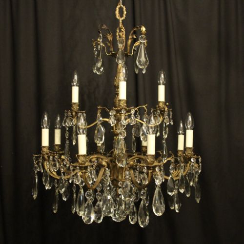 Italian Gilded Bronze & Crystal 12 Light Antique Chandelier