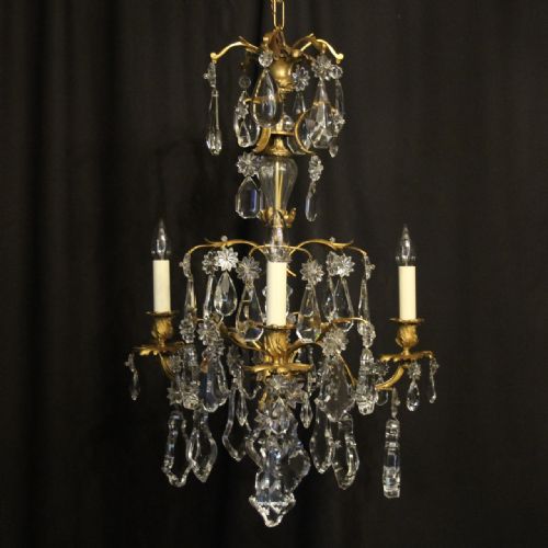 French Triple Light Bronze & Crystal Antique Chandelier