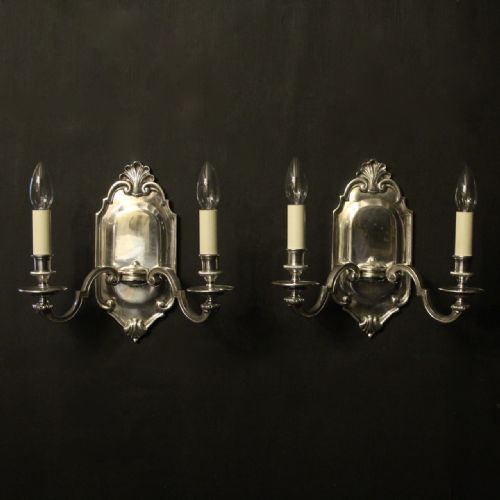 English Pair of Silver Plated Twin Arm Antique Wall Lights