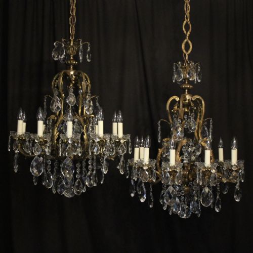 French Pair Gilded Bronze & Crystal 10 Light Antique Chandeliers