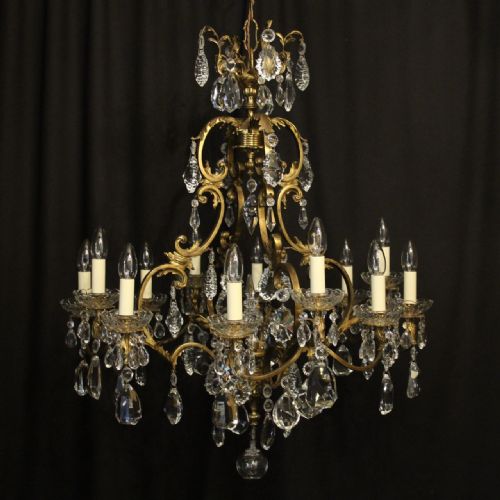 French Gilded Bronze & Crystal 12 Light Antique Chandelier