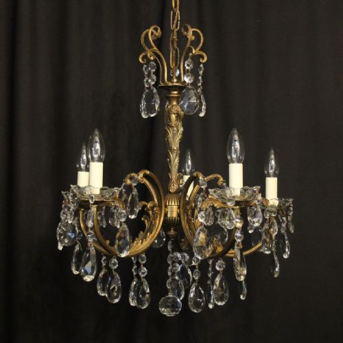 Italian Gilded Brass & Crystal 5 Light Antique Chandelier