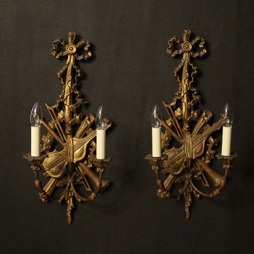 Italian Giltwood Pair of Twin Arm Musical Wall Lights