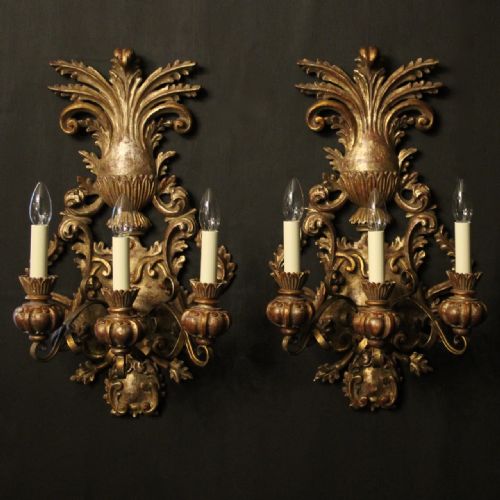 Florentine Polychrome Pair of Triple Arm Antique Wall Lights