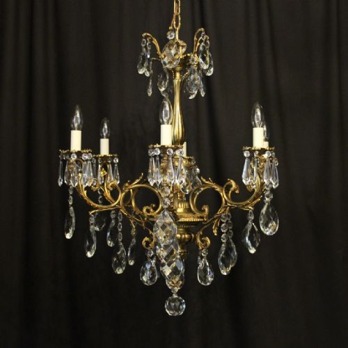 Italian Gilded Bronze & Crystal 6 Light Antique Chandelier