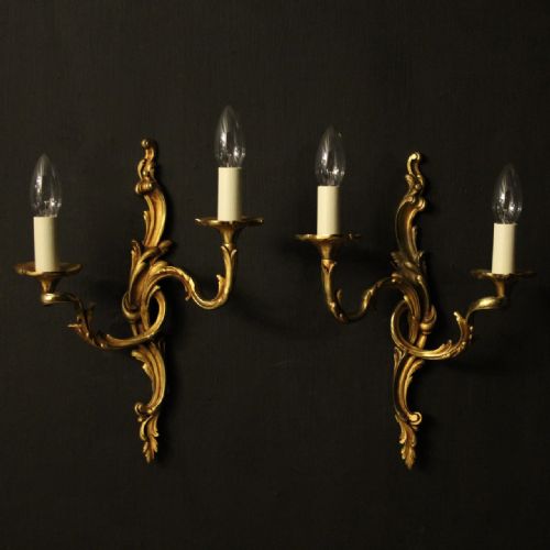 French Pair of Gilded Bronze Twin Arm Antique Wall Lights