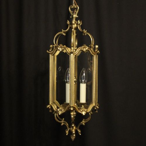 French Gilded Triple Light Antique Hall Lantern
